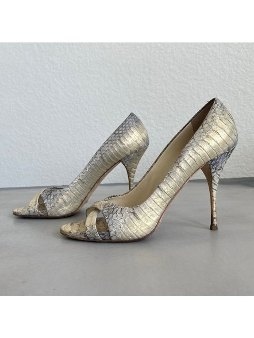 Miu Miu Python Snakeskin Cross Strap Peep Toe Stiletto Heels Pumps